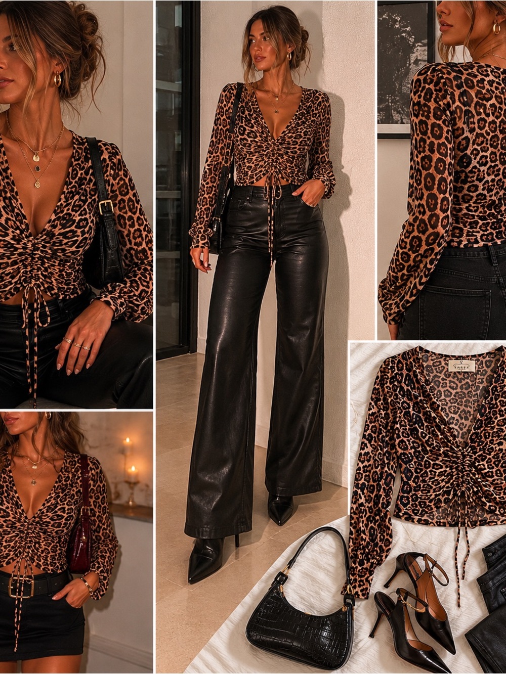 Ember Leopard Print Ruched Mesh Top Long Sleeve Size Large